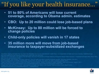 “If you like your health insurance…”
      • 51 to 80% of Americans will lose current
        coverage, according to Obama admin. estimates
      • CBO: Up to 20 million could lose job-based plans
      • McKinsey: Up to 80 million will be forced to
        change policies
      • Child-only policies will vanish in 17 states
      • 35 million more will move from job-based
        insurance to taxpayer-subsidized exchanges
“Fact Sheet: Keeping the Health Plan You Have: The Affordable Care Act and „Grandfathered‟ Health Plans,” U.S. Department of Health and Human Services, HealthReform.gov,
http://www.healthreform.gov/newsroom/keeping_the_health_plan_you_have.html.
"CBO and JCT's Estimates of the Effects of the Affordable Care Act on the Number of People Obtaining Employment-Based Health Insurance," Congressional Budget Office, March 2012,
http://www.cbo.gov/publication/43082.
Shubham Singhal, Jeris Stueland, and Drew Ungerman, “How US health care reform will affect employee benefits,” McKinsey Quarterly, June 2011,
www.mckinseyquarterly.com/Health_Care/Strategy_Analysis/How_US_health_care_reform_will_affect_employee_benefits_2813.
“Health Care Reform Law‟s Impact on Child-Only Health Insurance Policies,” Senate Committee on Health, Education, Labor and Pensions, August 2, 2011,
http://www.help.senate.gov/imo/media/doc/Child-Only%20Health%20Insurance%20Report%20Aug%202,%202011.pdf.
Douglas Holtz-Eakin and Cameron Smith "Labor Markets and Health Care Reform: New Results," American Action Forum, May 27, 2010,
http://americanactionforum.org/sites/default/files/OHC_LabMktsHCR.pdf.



www.galen.org
 
