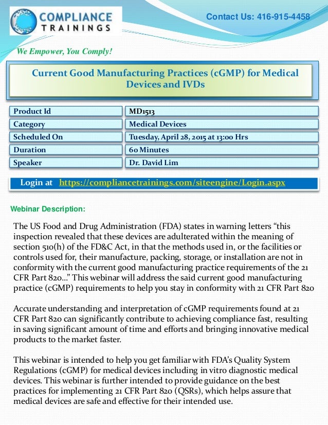 Current good manufacturing practices for medical devices and iv ds
