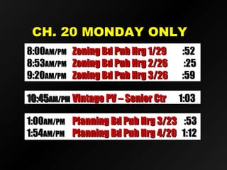 CH. 20 MONDAY ONLYCH. 20 MONDAY ONLY
8:008:00AM/PMAM/PM Zoning Bd Pub Hrg 1/29Zoning Bd Pub Hrg 1/29 :52:52
8:538:53AM/PMAM/PM Zoning Bd Pub Hrg 2/26Zoning Bd Pub Hrg 2/26 :25:25
9:209:20AM/PMAM/PM Zoning Bd Pub Hrg 3/26Zoning Bd Pub Hrg 3/26 :59:59
10:4510:45AM/PMAM/PM Vintage PV – Senior CtrVintage PV – Senior Ctr 1:031:03
1:001:00AM/PMAM/PM Planning Bd Pub Hrg 3/23Planning Bd Pub Hrg 3/23 :53:53
1:541:54AM/PMAM/PM Planning Bd Pub Hrg 4/20Planning Bd Pub Hrg 4/20 1:121:12
 