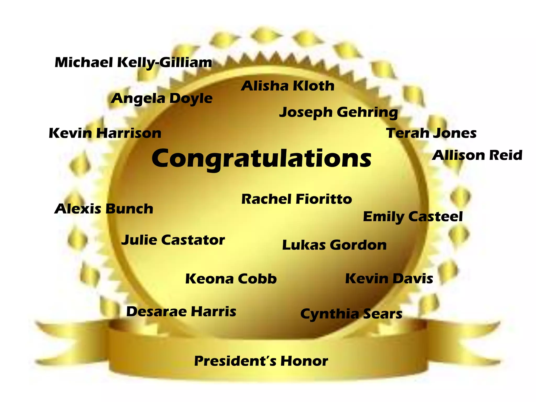 Congratulations
President’s Honor
Alexis Bunch
Julie Castator
Emily Casteel
Keona Cobb Kevin Davis
Angela Doyle
Allison Reid
Alisha Kloth
Michael Kelly-Gilliam
Desarae Harris
Lukas Gordon
Rachel Fioritto
Joseph Gehring
Kevin Harrison Terah Jones
Cynthia Sears
 