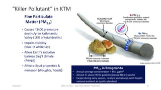 “Killer Pollutant” in KTM
• Causes ~3400 premature
deaths/yr in Kathmandu
Valley (18% of total deaths)
• Impairs visibility
(blue → white sky)
• Alters Earth’s radiative
balance (reg’l climate
change)
• Affects cloud properties &
monsoon (droughts, floods)
Fine Particulate
Matter (PM2.5)
PM2.5 in Smogmandu
• Annual-average concentration = 49.1 µg/m3
• Almost 5× above WHO guideline (ranks #261 in world)
• Except during rainy season, rarely in compliance with Nepal’s
national ambient air quality standard
4/30/2017 APRIL 29. 2017 GGIC MSC AMULYA TULADHAR 15
 