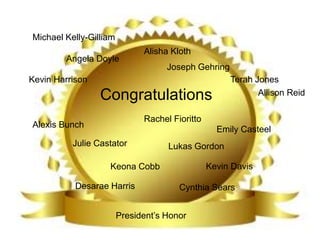Congratulations
President’s Honor
Alexis Bunch
Julie Castator
Emily Casteel
Keona Cobb Kevin Davis
Angela Doyle
Allison Reid
Alisha Kloth
Michael Kelly-Gilliam
Desarae Harris
Lukas Gordon
Rachel Fioritto
Joseph Gehring
Kevin Harrison Terah Jones
Cynthia Sears
 