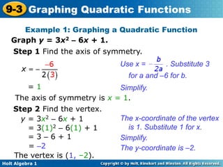 Holt Algebra 1
9-3 Graphing Quadratic Functions
Example 1: Graphing a Quadratic Function
Graph y = 3x2 – 6x + 1.
Step 1 Find the axis of symmetry.
= 1
The axis of symmetry is x = 1.
Simplify.
Use x = . Substitute 3
for a and –6 for b.
Step 2 Find the vertex.
y = 3x2 – 6x + 1
= 3(1)2 – 6(1) + 1
= 3 – 6 + 1
= –2
The vertex is (1, –2).
The x-coordinate of the vertex
is 1. Substitute 1 for x.
Simplify.
The y-coordinate is –2.
 