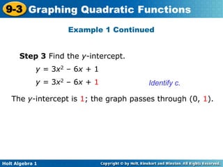 Holt Algebra 1
9-3 Graphing Quadratic Functions
Example 1 Continued
Step 3 Find the y-intercept.
y = 3x2 – 6x + 1
y = 3x2 – 6x + 1
The y-intercept is 1; the graph passes through (0, 1).
Identify c.
 