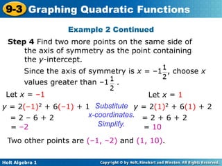 Holt Algebra 1
9-3 Graphing Quadratic Functions
Step 4 Find two more points on the same side of
the axis of symmetry as the point containing
the y-intercept.
Let x = –1
y = 2(–1)2 + 6(–1) + 1
= 2 – 6 + 2
= –2
Let x = 1
y = 2(1)2 + 6(1) + 2
= 2 + 6 + 2
= 10
Substitute
x-coordinates.
Simplify.
Two other points are (–1, –2) and (1, 10).
Example 2 Continued
Since the axis of symmetry is x = –1 , choose x
values greater than –1 .
 