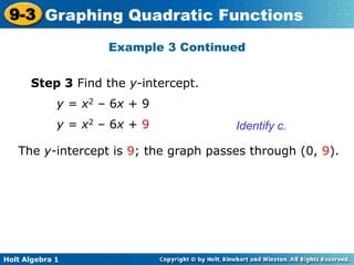 Holt Algebra 1
9-3 Graphing Quadratic Functions
Step 3 Find the y-intercept.
y = x2 – 6x + 9
y = x2 – 6x + 9
The y-intercept is 9; the graph passes through (0, 9).
Identify c.
Example 3 Continued
 