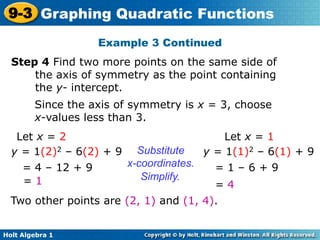 Holt Algebra 1
9-3 Graphing Quadratic Functions
Step 4 Find two more points on the same side of
the axis of symmetry as the point containing
the y- intercept.
Since the axis of symmetry is x = 3, choose
x-values less than 3.
Let x = 2
y = 1(2)2 – 6(2) + 9
= 4 – 12 + 9
= 1
Let x = 1
y = 1(1)2 – 6(1) + 9
= 1 – 6 + 9
= 4
Substitute
x-coordinates.
Simplify.
Two other points are (2, 1) and (1, 4).
Example 3 Continued
 