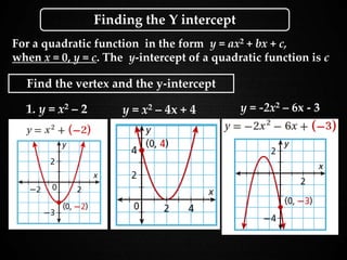 Holt Algebra 1
9-3 Graphing Quadratic Functions
For a quadratic function in the form y = ax2 + bx + c,
when x = 0, y = c. The y-intercept of a quadratic function is c
Finding the Y intercept
Find the vertex and the y-intercept
1. y = x2 – 2 y = x2 – 4x + 4 y = -2x2 – 6x - 3
 