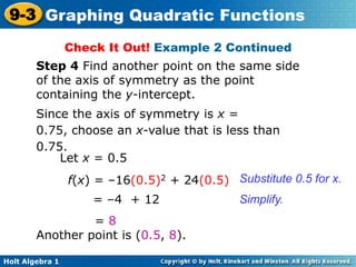 Holt Algebra 1
9-3 Graphing Quadratic Functions
Step 4 Find another point on the same side
of the axis of symmetry as the point
containing the y-intercept.
Since the axis of symmetry is x =
0.75, choose an x-value that is less than
0.75.
Let x = 0.5
f(x) = –16(0.5)2 + 24(0.5)
= –4 + 12
= 8
Another point is (0.5, 8).
Substitute 0.5 for x.
Simplify.
Check It Out! Example 2 Continued
 