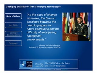 Changing character of war & emerging technologies.
“`Cyber Military Education in an Era of Change” Dr. Lydia Kostopoulos L...