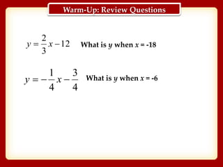 12
3
2
 xy
4
3
4
1
 xy
What is y when x = -18
What is y when x = -6
Warm-Up: Review Questions
 