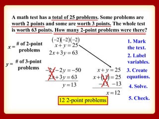 A math test has a total of 25 problems. Some problems are
worth 2 points and some are worth 3 points. The whole test
is worth 63 points. How many 2-point problems were there?
x =
y =
# of 2-point
problems
# of 3-point
problems
25x y 
2 3 63x y 
 2  2  2
13y 
2x 2y 50 
2 3 63x y 
25x y 
  25x  13
13 13 
12x 
12 2-point problems
1. Mark
the text.
2. Label
variables.
3. Create
equations.
4. Solve.
5. Check.
 