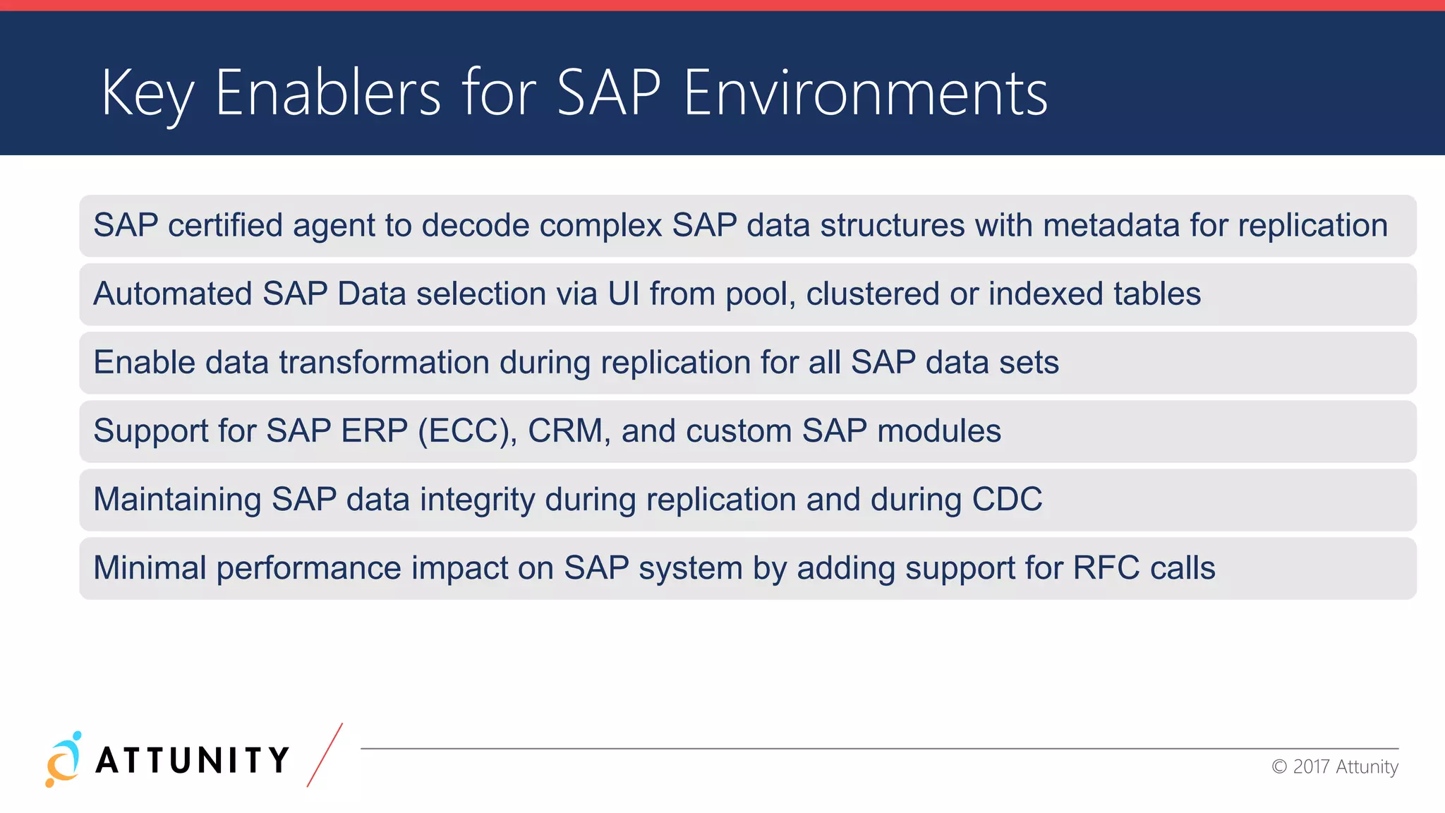 CONFIDENTIAL INFORMATION © 2017 Attunity
SAP certified agent to decode complex SAP data structures with metadata for replication
Automated SAP Data selection via UI from pool, clustered or indexed tables
Enable data transformation during replication for all SAP data sets
Support for SAP ERP (ECC), CRM, and custom SAP modules
Maintaining SAP data integrity during replication and during CDC
Minimal performance impact on SAP system by adding support for RFC calls
Key Enablers for SAP Environments
 