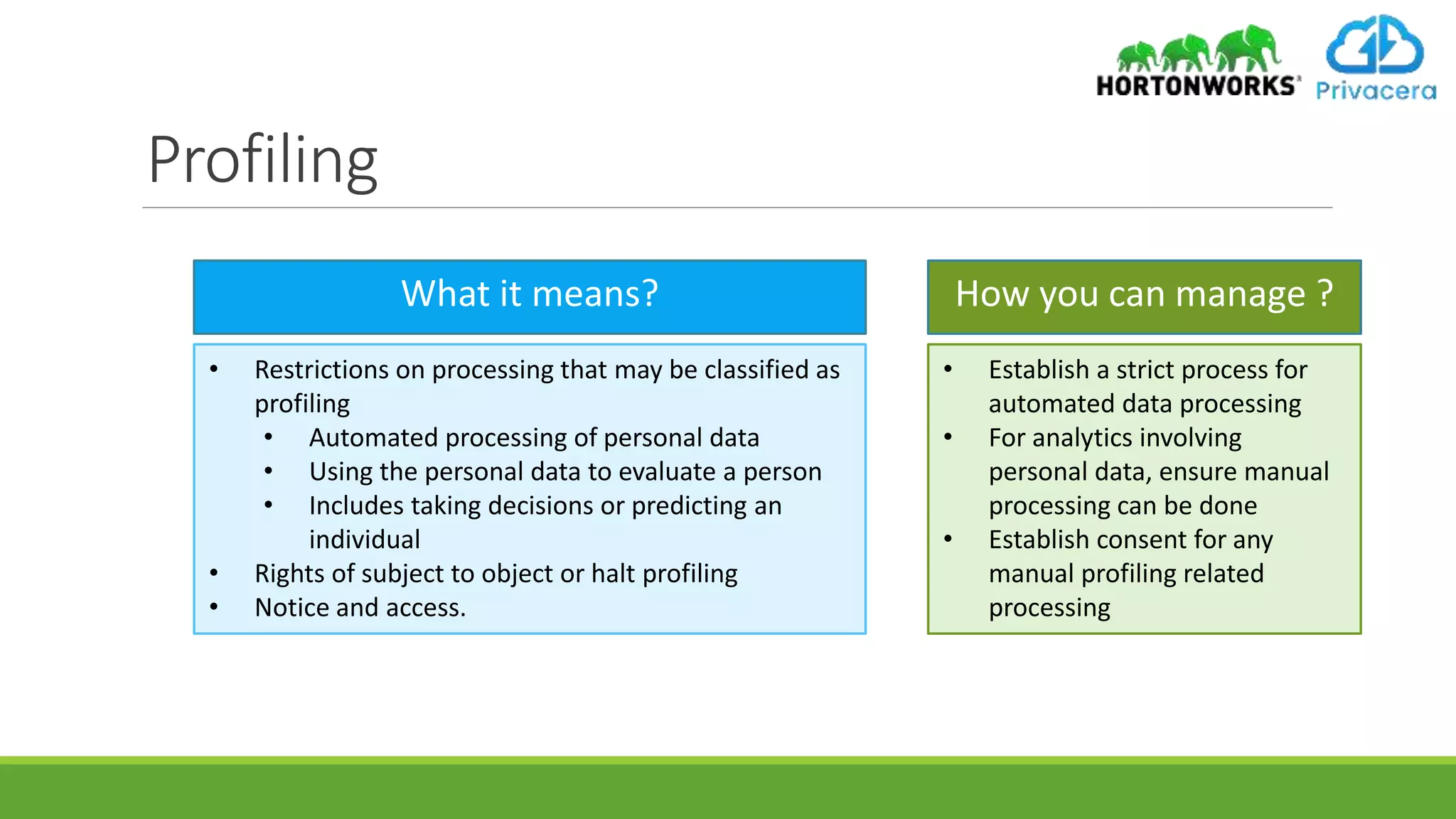 Profiling
What it means? How you can manage ?
• Restrictions on processing that may be classified as
profiling
• Automated processing of personal data
• Using the personal data to evaluate a person
• Includes taking decisions or predicting an
individual
• Rights of subject to object or halt profiling
• Notice and access.
• Establish a strict process for
automated data processing
• For analytics involving
personal data, ensure manual
processing can be done
• Establish consent for any
manual profiling related
processing
 