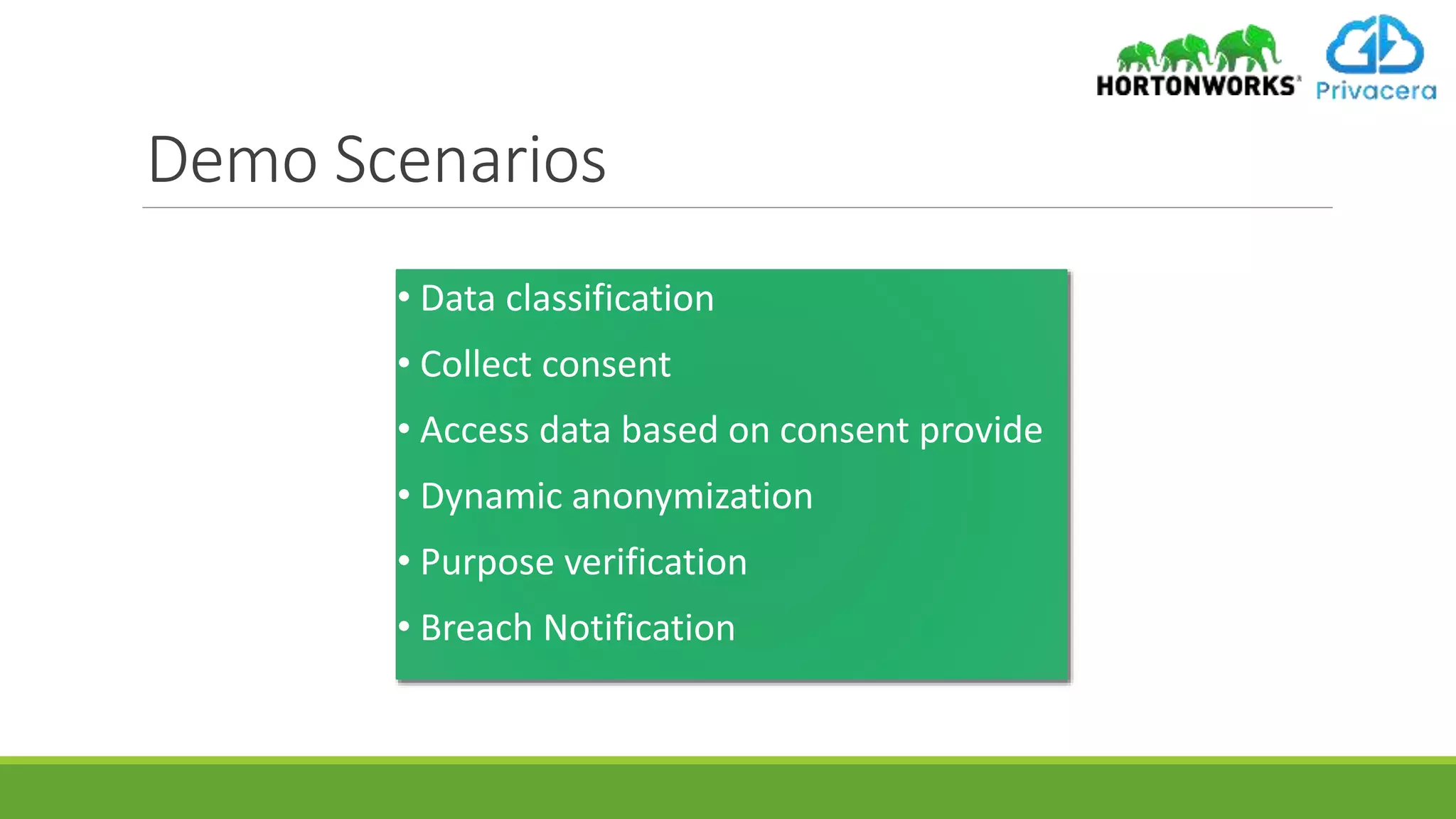 Demo Scenarios
• Data classification
• Collect consent
• Access data based on consent provide
• Dynamic anonymization
• Purpose verification
• Breach Notification
 