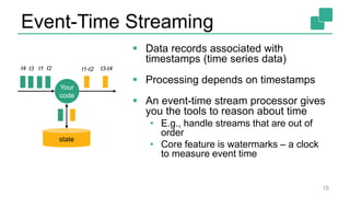 Event-Time Streaming
 Data records associated with
timestamps (time series data)
 Processing depends on timestamps
 An event-time stream processor gives
you the tools to reason about time
• E.g., handle streams that are out of
order
• Core feature is watermarks – a clock
to measure event time
15
Your
code
state
t3 t1 t2t4 t1-t2 t3-t4
 