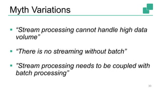 Myth Variations
 “Stream processing cannot handle high data
volume”
 “There is no streaming without batch”
 ”Stream processing needs to be coupled with
batch processing”
30
 