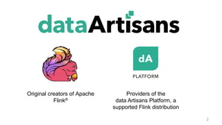 2
Original creators of Apache
Flink®
Providers of the
data Artisans Platform, a
supported Flink distribution
 