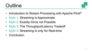 Outline
 Introduction to Stream Processing with Apache Flink®
 Myth 1: Streaming is Approximate
 Myth 2: Exactly-Once not Possible
 Myth 3: The Throughput/Latency Tradeoff
 Myth 4: Streaming is only for Real-time
 Conclusion
3
 