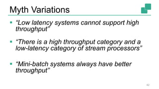 Myth Variations
 “Low latency systems cannot support high
throughput”
 “There is a high throughput category and a
low-latency category of stream processors”
 “Mini-batch systems always have better
throughput”
42
 