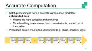 Accurate Computation
 Batch processing is not an accurate computation model for
unbounded data
• Misses the right concepts and primitives
• Time handling, state across batch boundaries is pushed out of
the system
 Processed data is most often unbounded (e.g. clicks, sensors, logs)
48
2016-3-1
12:00 am
2016-3-1
1:00 am
2016-3-1
2:00 am
2016-3-11
11:00pm
2016-3-12
12:00am
2016-3-12
1:00am
2016-3-11
10:00pm
2016-3-12
2:00am
2016-3-12
3:00am…
 