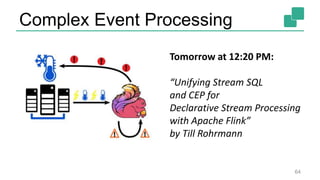 Complex Event Processing
64
Tomorrow at 12:20 PM:
“Unifying Stream SQL
and CEP for
Declarative Stream Processing
with Apache Flink”
by Till Rohrmann
 