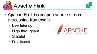 Apache Flink
 Apache Flink is an open source stream
processing framework
• Low latency
• High throughput
• Stateful
• Distributed
5
 