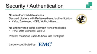 Security / Authentication
84
No unauthorized data access
Secured clusters with Kerberos-based authentication
• Kafka, ZooKeeper, HDFS, YARN, HBase, …
No unencrypted traffic between Flink Processes
• RPC, Data Exchange, Web UI
Largely contributed by
Prevent malicious users to hook into Flink jobs
 