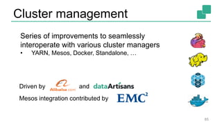 Cluster management
85
Series of improvements to seamlessly
interoperate with various cluster managers
• YARN, Mesos, Docker, Standalone, …
Driven by
Mesos integration contributed by
and
 