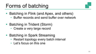 Forms of batching
 Batching in Flink (and Apex, and others)
• Buffer records and send buffer over network
 Batching in Trident (Storm)
• Create a very large record
 Batching in Spark Streaming
• Restart topology every batch interval
• Let’s focus on this one
88
 