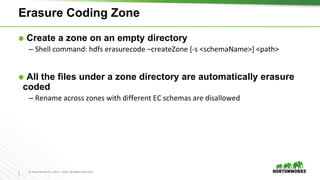 1
7
© Hortonworks Inc. 2011 – 2016. All Rights Reserved
Erasure Coding Zone
⬢ Create a zone on an empty directory
– Shell command: hdfs erasurecode –createZone [-s <schemaName>] <path>
⬢ All the files under a zone directory are automatically erasure
coded
– Rename across zones with different EC schemas are disallowed
 