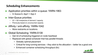 2
5
© Hortonworks Inc. 2011 – 2016. All Rights Reserved
Scheduling Enhancements
 Application priorities within a queue: YARN-1963
– In Queue A, App1 > App 2
 Inter-Queue priorities
– Q1 > Q2 irrespective of demand / capacity
– Previously based on unconsumed capacity
 Affinity / anti-affinity: YARN-1042
– More restraints on locations
 Global Scheduling: YARN-5139
– Get rid of scheduling triggered on node heartbeat
– Replaced with global scheduler that has parallel threads
• Globally optimal placement
• Critical for long running services – they stick to the allocation – better be a good one
• Enhanced container scheduling throughput (6x)
 