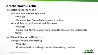 2
9
© Hortonworks Inc. 2011 – 2016. All Rights Reserved
A More Powerful YARN
⬢ Elastic Resource Model
–Dynamic Resource Configuration
•YARN-291
•Allow tune down/up on NM’s resource in runtime
–Graceful decommissioning of NodeManagers
•YARN-914
•Drains a node that’s being decommissioned to allow running containers to
finish
⬢ Efficient Resource Utilization
–Support for container resizing
•YARN-1197
•Allows applications to change the size of an existing container
 
