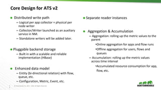 3
4
© Hortonworks Inc. 2011 – 2016. All Rights Reserved
Core Design for ATS v2
⬢ Distributed write path
– Logical per app collector + physical per
node writer
– Collector/Writer launched as an auxiliary
service in NM.
– Standalone writers will be added later.
⬢ Pluggable backend storage
– Built in with a scalable and reliable
implementation (HBase)
⬢ Enhanced data model
– Entity (bi-directional relation) with flow,
queue, etc.
– Configuration, Metric, Event, etc.
⬢ Separate reader instances
⬢ Aggregation & Accumulation
– Aggregation: rolling up the metric values to the
parent
•Online aggregation for apps and flow runs
•Offline aggregation for users, flows and
queues
– Accumulation: rolling up the metric values
across time interval
•Accumulated resource consumption for app,
flow, etc.
 