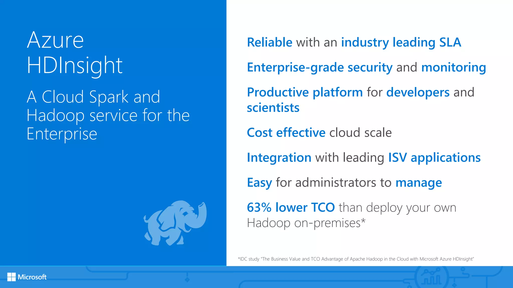 Azure
HDInsight
A Cloud Spark and
Hadoop service for the
Enterprise
Reliable with an industry leading SLA
Enterprise-grade security and monitoring
Productive platform for developers and
scientists
Cost effective cloud scale
Integration with leading ISV applications
Easy for administrators to manage
63% lower TCO than deploy your own
Hadoop on-premises*
*IDC study “The Business Value and TCO Advantage of Apache Hadoop in the Cloud with Microsoft Azure HDInsight”
 