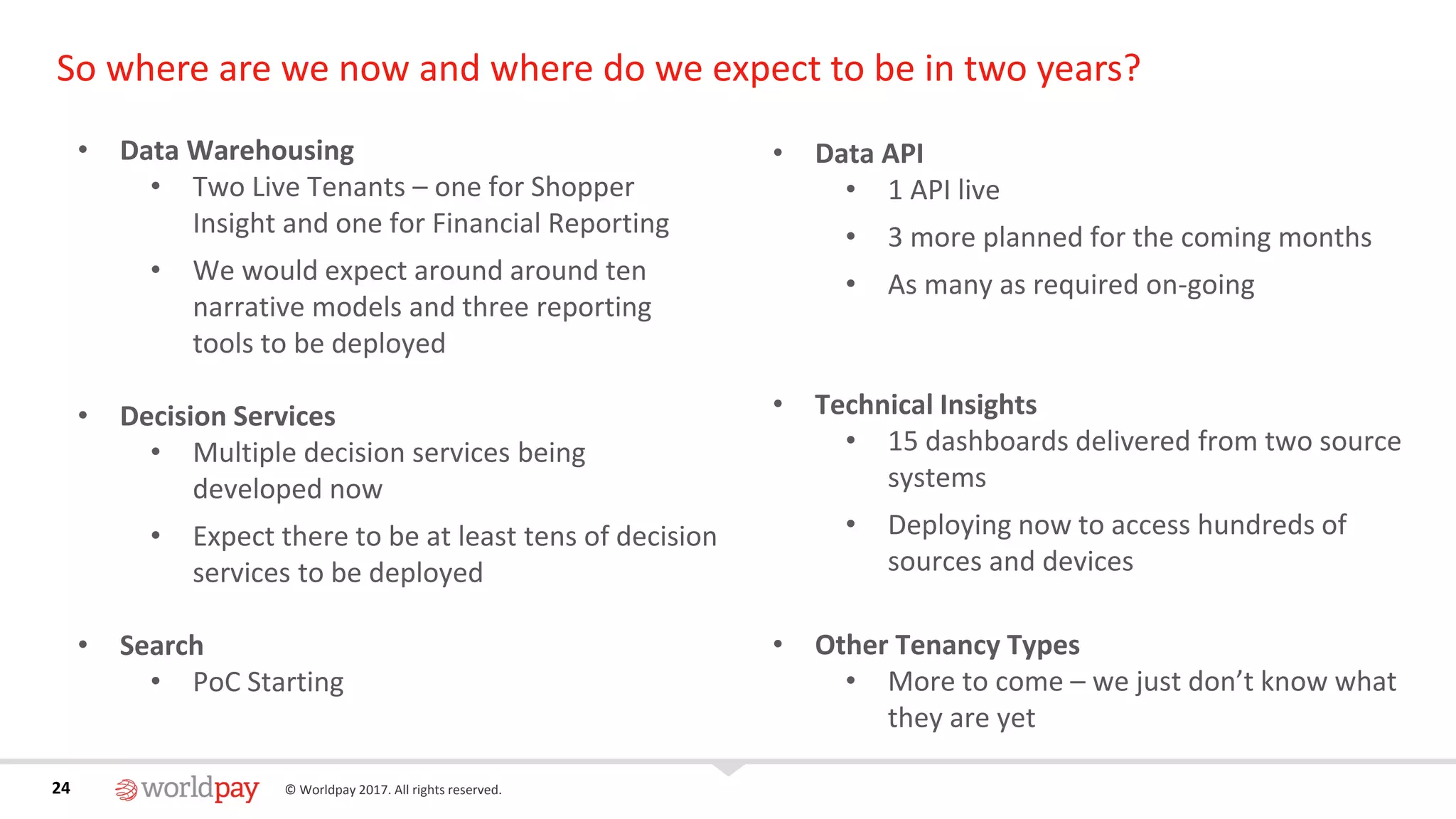 24 © Worldpay 2017. All rights reserved.24
So where are we now and where do we expect to be in two years?
• Data Warehousing
• Two Live Tenants – one for Shopper
Insight and one for Financial Reporting
• We would expect around around ten
narrative models and three reporting
tools to be deployed
• Decision Services
• Multiple decision services being
developed now
• Expect there to be at least tens of decision
services to be deployed
• Search
• PoC Starting
• Data API
• 1 API live
• 3 more planned for the coming months
• As many as required on-going
• Technical Insights
• 15 dashboards delivered from two source
systems
• Deploying now to access hundreds of
sources and devices
• Other Tenancy Types
• More to come – we just don’t know what
they are yet
 