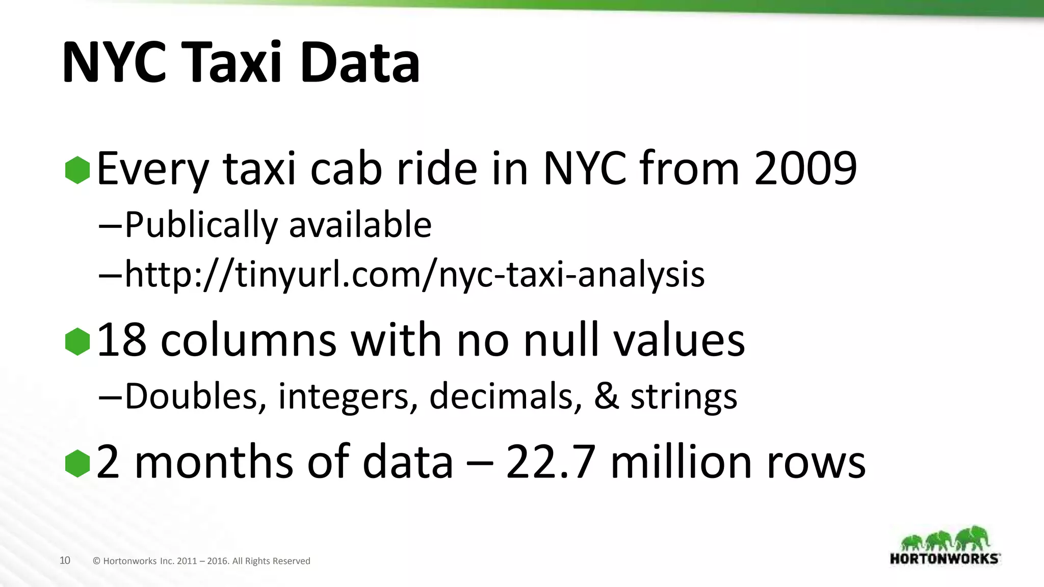 10 © Hortonworks Inc. 2011 – 2016. All Rights Reserved
NYC Taxi Data
Every taxi cab ride in NYC from 2009
–Publically available
–http://tinyurl.com/nyc-taxi-analysis
18 columns with no null values
–Doubles, integers, decimals, & strings
2 months of data – 22.7 million rows
 