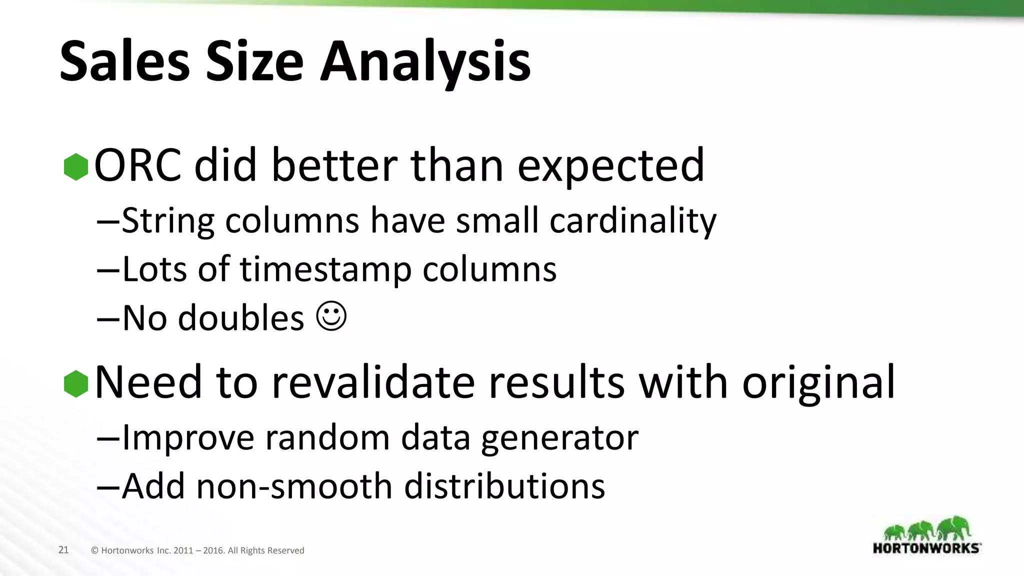21 © Hortonworks Inc. 2011 – 2016. All Rights Reserved
Sales Size Analysis
ORC did better than expected
–String columns have small cardinality
–Lots of timestamp columns
–No doubles 
Need to revalidate results with original
–Improve random data generator
–Add non-smooth distributions
 
