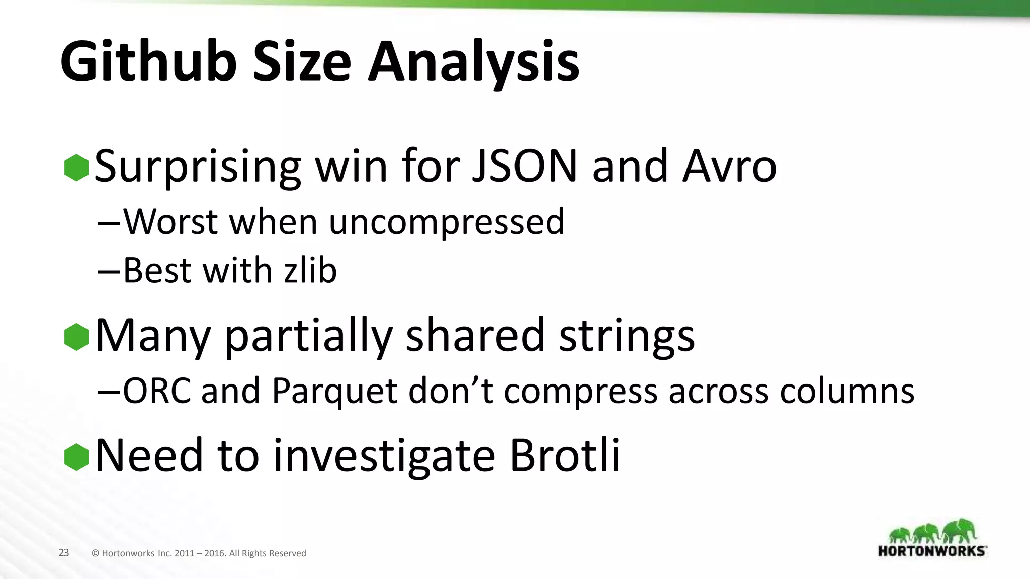23 © Hortonworks Inc. 2011 – 2016. All Rights Reserved
Github Size Analysis
Surprising win for JSON and Avro
–Worst when uncompressed
–Best with zlib
Many partially shared strings
–ORC and Parquet don’t compress across columns
Need to investigate Brotli
 