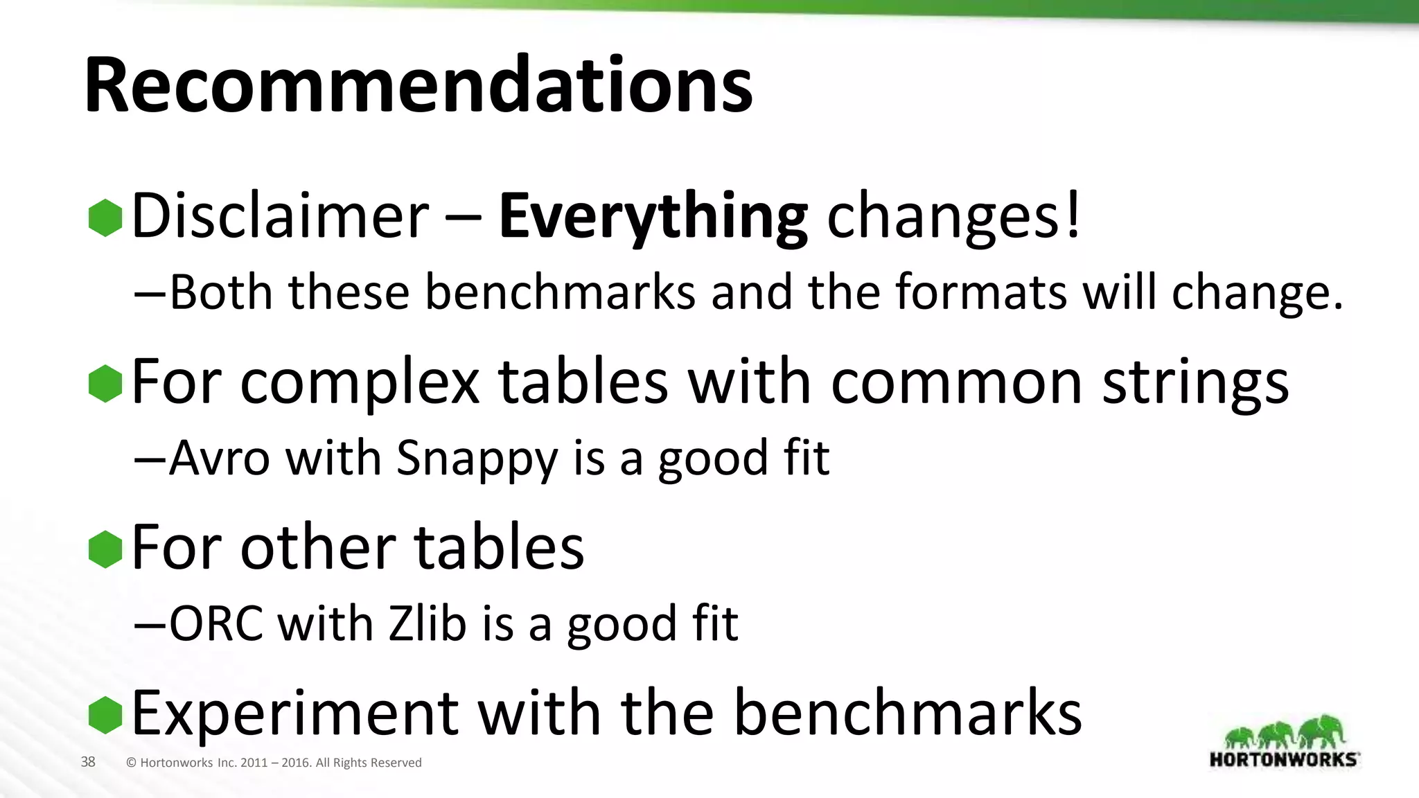 38 © Hortonworks Inc. 2011 – 2016. All Rights Reserved
Recommendations
Disclaimer – Everything changes!
–Both these benchmarks and the formats will change.
For complex tables with common strings
–Avro with Snappy is a good fit
For other tables
–ORC with Zlib is a good fit
Experiment with the benchmarks
 