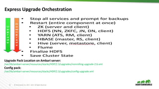 12 © Hortonworks Inc. 2011 – 2017. All Rights Reserved
Express Upgrade Orchestration
Upgrade Pack Location on Ambari server:
/var/lib/ambari-server/resources/stacks/HDP/2.3/upgrades/nonrolling-upgrade-2.6.xml
Config pack:
/var/lib/ambari-server/resources/stacks/HDP/2.3/upgrades/config-upgrade.xml
 