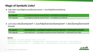 13 © Hortonworks Inc. 2011 – 2017. All Rights Reserved
Magic of Symbolic Links!
● hdp-select /usr/hdp/current/$comp-name/ -> /usr/hdp/$version/$comp
Example:
● conf-select /etc/$comp/conf -> /usr/hdp/$version/$comp/conf -> /etc/$comp/$version/0
Example:
– Syntax:
– hdp-select set hive-server2-hive2 2.6.0.3-8
– conf-select create-conf-dir --package hive --stack-version 2.6.0.3-8 --conf-version 0
– conf-select set-conf-dir --package hive --stack-version 2.6.0.3-8 --conf-version 0
Pre-Upgrade /usr/hdp/current/hive-server2-hive2 -> /usr/hdp/2.5.3.0-37/hive2
Post-Upgrade /usr/hdp/current/hive-server2-hive2 -> /usr/hdp/2.6.0.3-8/hive2
Pre-upgrade /etc/hive2/conf -> /usr/hdp/current/hive-server2-hive2/conf -> /etc/hive2/2.5.3.0-37/0
Post-upgrade /etc/hive2/conf -> /usr/hdp/current/hive-server2-hive2/conf -> /etc/hive2/2.6.0.3-8/0
 