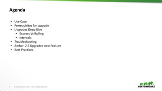3 © Hortonworks Inc. 2011 – 2017. All Rights Reserved
Agenda
• Use Case
• Prerequisites for upgrade
• Upgrades Deep Dive
• Express Vs Rolling
• Internals
• Troubleshooting
• Ambari 2.5 Upgrades new Feature
• Best Practices
 