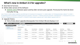 30 © Hortonworks Inc. 2011 – 2017. All Rights Reserved
What’s new in Ambari 2.5 for upgrades?
30
● Auto Start of services
● Delete older version of the Software
● AMBARI-18435 Releases space used by older versions post upgrade. Previously this had to be done
manually. For eg,
curl 'http://c6401.ambari.apache.org:8080/api/v1/clusters/cl1/requests' -u admin:admin -H "X-Requested-By: ambari" -X POST -
d'{"RequestInfo":{"context":"remove_previous_stacks", "action" : "remove_previous_stacks", "parameters" : {"version":"2.5.0.0-
1245"}}, "Requests/resource_filters": [{"hosts":"c6403.ambari.apache.org, c6402.ambari.apache.org"}]}'
● Upgrade history
● Pulls all data about upgrades/downgrades from Ambari DB and displays in UI
 