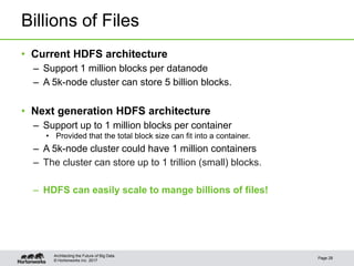 © Hortonworks Inc. 2017
Billions of Files
• Current HDFS architecture
– Support 1 million blocks per datanode
– A 5k-node ...