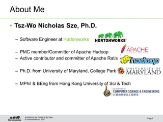 © Hortonworks Inc. 2017
About Me
• Tsz-Wo Nicholas Sze, Ph.D.
– Software Engineer at Hortonworks
– PMC member/Committer of...