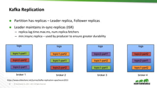 10 © Hortonworks Inc. 2011 – 2017. All Rights Reserved
Kafka Replication
 Partition has replicas – Leader replica, Follower replicas
 Leader maintains in-sync-replicas (ISR)
– replica.lag.time.max.ms, num.replica.fetchers
– min.insync.replica – used by producer to ensure greater durability
https://www.slideshare.net/junrao/kafka-replication-apachecon2013
 