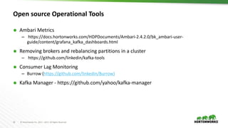 32 © Hortonworks Inc. 2011 – 2017. All Rights Reserved
Open source Operational Tools
 Ambari Metrics
– https://docs.hortonworks.com/HDPDocuments/Ambari-2.4.2.0/bk_ambari-user-
guide/content/grafana_kafka_dashboards.html
 Removing brokers and rebalancing partitions in a cluster
– https://github.com/linkedin/kafka-tools
 Consumer Lag Monitoring
– Burrow (https://github.com/linkedin/Burrow)
 Kafka Manager - https://github.com/yahoo/kafka-manager
 