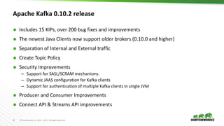 33 © Hortonworks Inc. 2011 – 2017. All Rights Reserved
Apache Kafka 0.10.2 release
 Includes 15 KIPs, over 200 bug fixes and improvements
 The newest Java Clients now support older brokers (0.10.0 and higher)
 Separation of Internal and External traffic
 Create Topic Policy
 Security Improvements
– Support for SASL/SCRAM mechanisms
– Dynamic JAAS configuration for Kafka clients
– Support for authentication of multiple Kafka clients in single JVM
 Producer and Consumer Improvements
 Connect API & Streams API improvements
 
