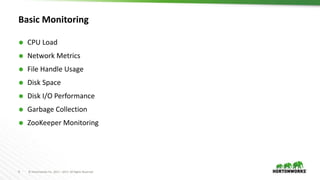 9 © Hortonworks Inc. 2011 – 2017. All Rights Reserved
Basic Monitoring
 CPU Load
 Network Metrics
 File Handle Usage
 Disk Space
 Disk I/O Performance
 Garbage Collection
 ZooKeeper Monitoring
 